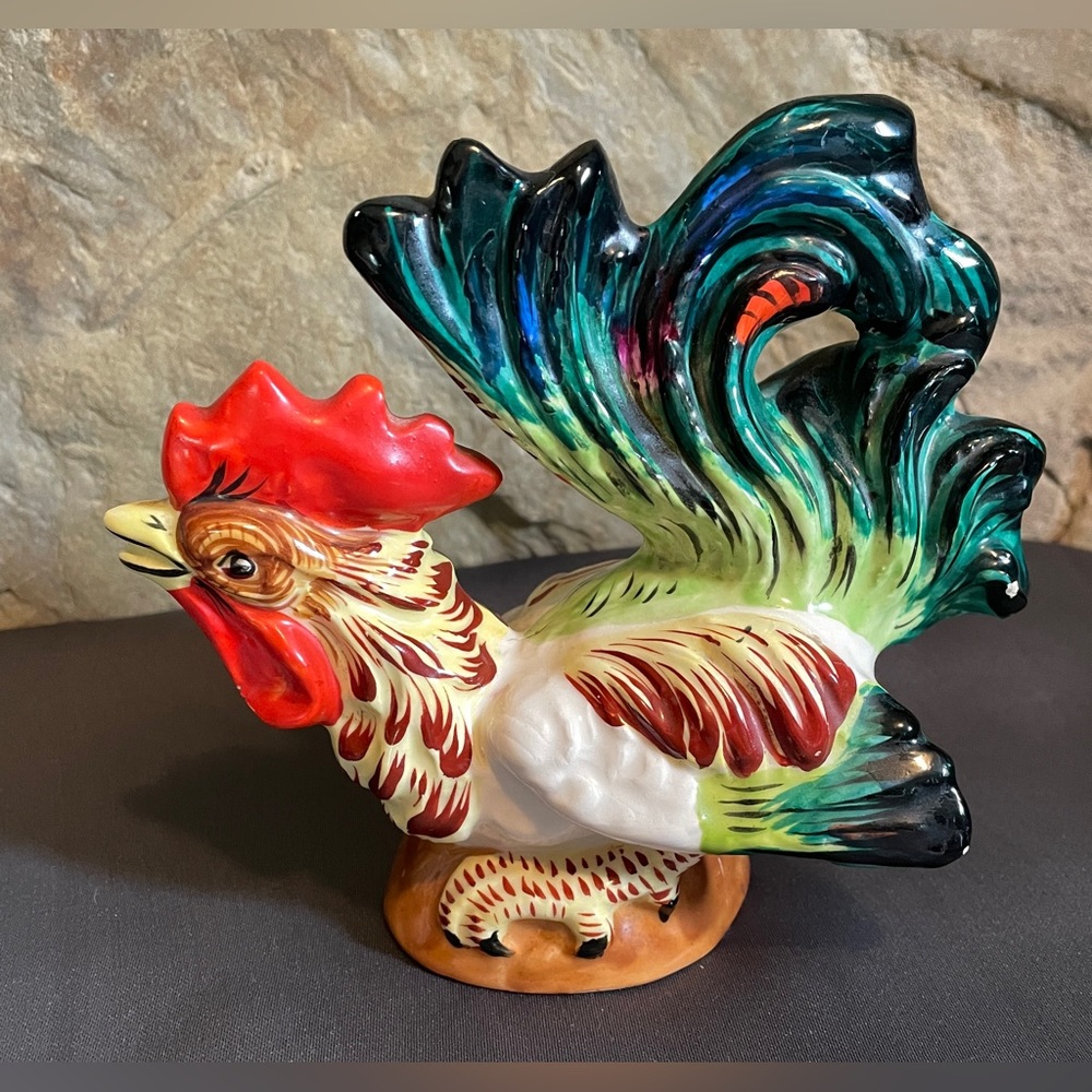Vintage Exquisite Rooster With Magnificent Tail Feathers, Made in Italy